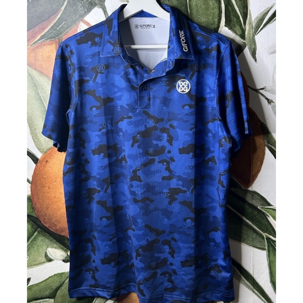 G/Fore Men's Blue Icon Camo Tech Jersey Polo Skull Logo Print Small Short Sleeve